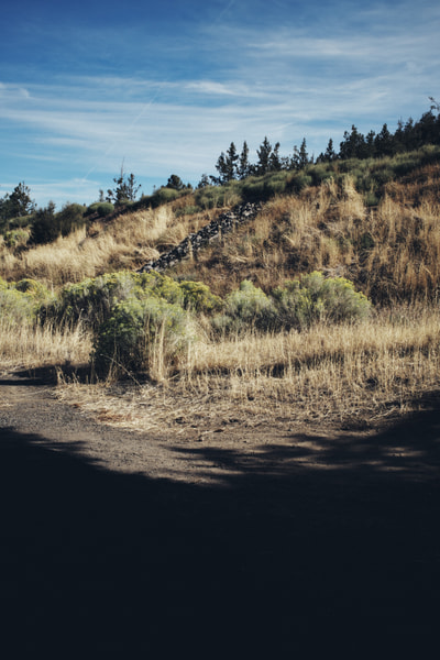 A dry grass hillside trail lined with volcanic rock near Pilot Butte Cemetery.